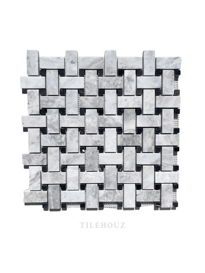 Bianco Grigio Dolomite Leathered Basketweave Mosaic W/black Dots