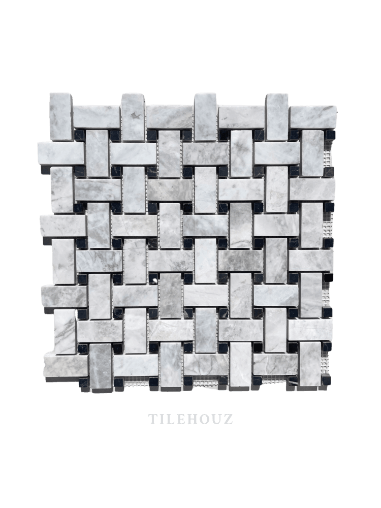 Bianco Grigio Dolomite Leathered Basketweave Mosaic W/black Dots