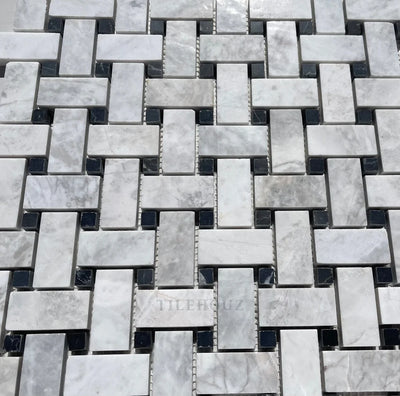 Bianco Gris Dolomite Leathered Basketweave Mosaic W/Black Dots Marble