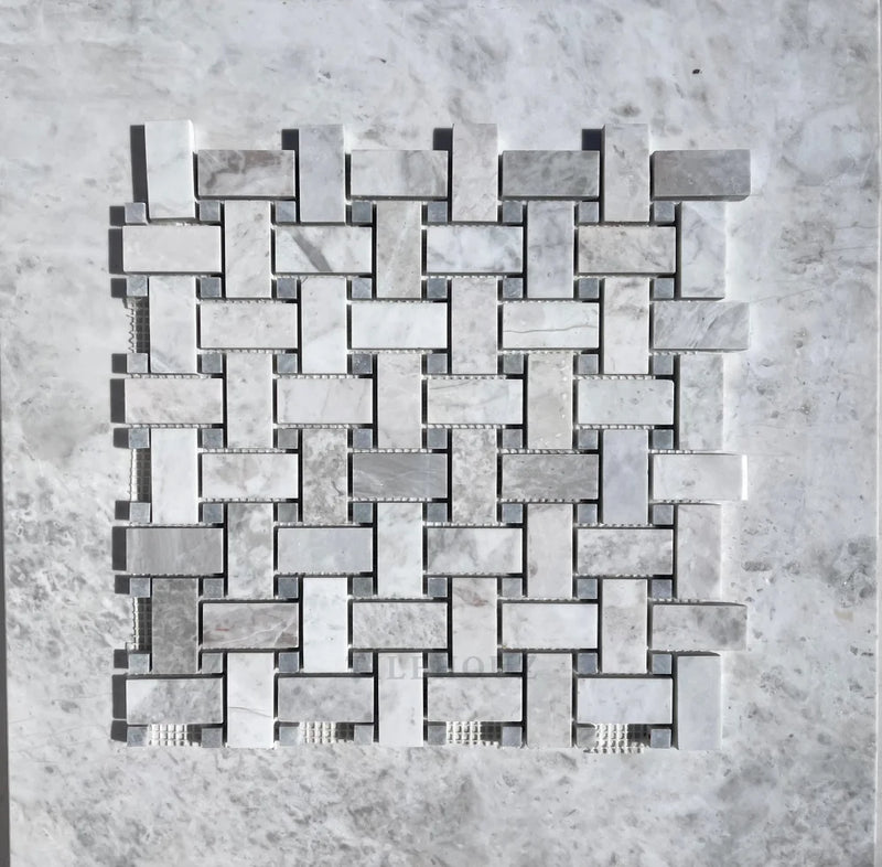 Bianco Gris Dolomite Leathered Basketweave Mosaic W/Blue-Gray Dots Marble