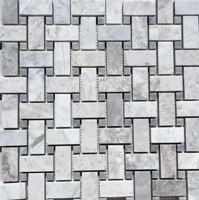 Bianco Gris Dolomite Leathered Basketweave Mosaic W/Blue-Gray Dots Marble