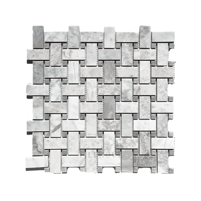 Bianco Grigio Dolomite Leathered Basketweave Mosaic W/blue-Gray Dots