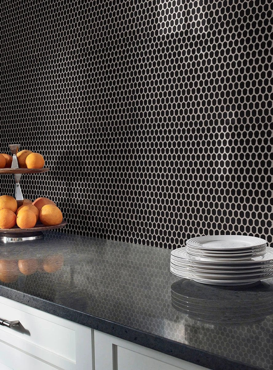 Black Glossy Penny Round Mosaic handmade porcelain wall tile by Tilehouz.