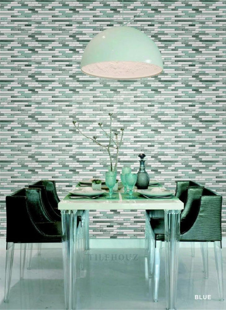 Blue glass mosaic tile, 11.75 x 12, blue-white marble-painted pattern by Tilehouz