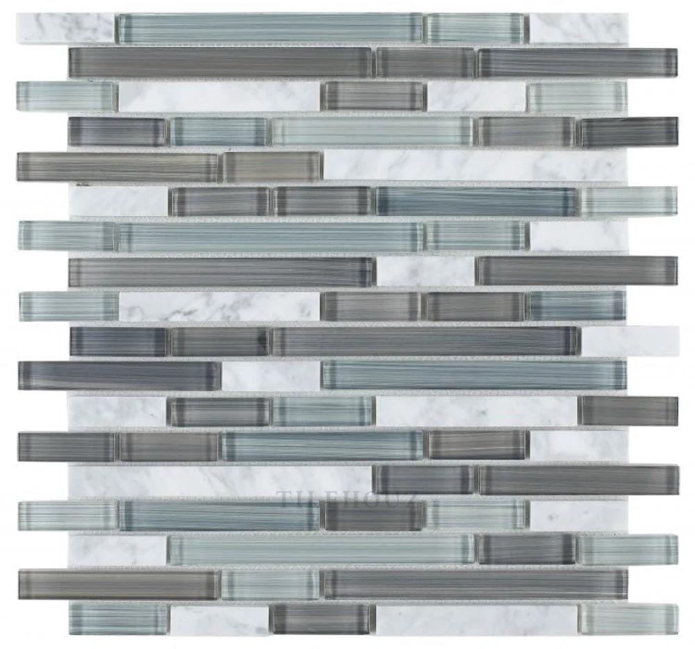 Tilehouz blue-gray glass mosaic tile sheet with white marble accents
