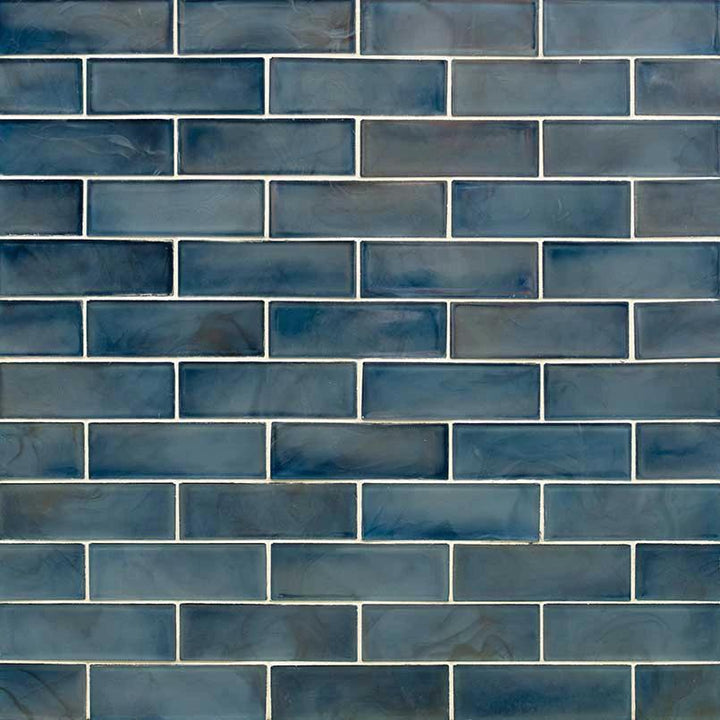 Blue Storm 2x6 glass subway tile, blue pearl-like wall tile