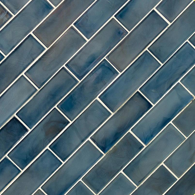 Blue Storm 2x6 Glass Subway Tile; pearl-blue glass wall tile in a diagonal brick pattern