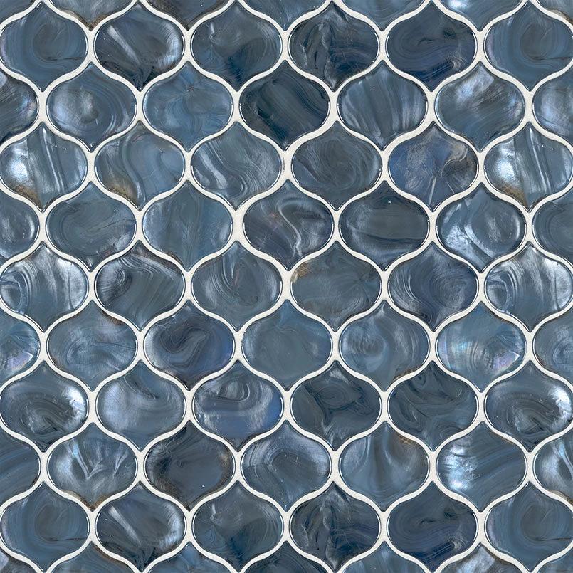 Blue Storm Arabesque Glass Mosaic tile; blue, pearl-like glossy finish for walls.
