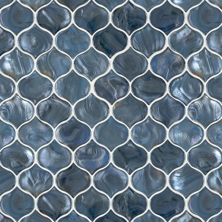 Blue Storm Arabesque Glass Mosaic tile; blue, pearl-like glossy finish for walls.