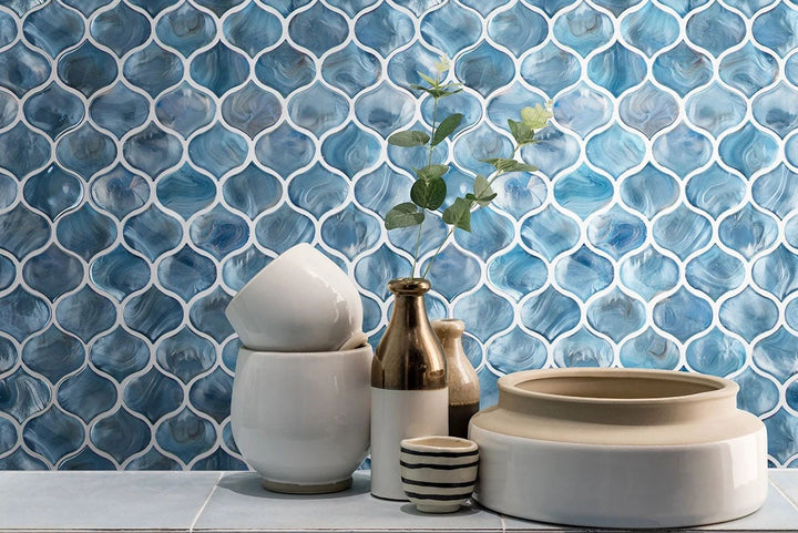 Blue Storm Arabesque Glass Mosaic tile; pearl-like glossy blue wall tile