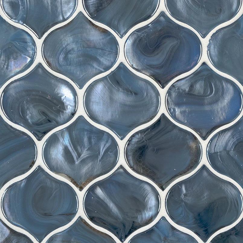 Blue Storm Arabesque Glass Mosaic tile sheet by Tilehouz; glossy pearl-blue wall &amp; ceiling tile