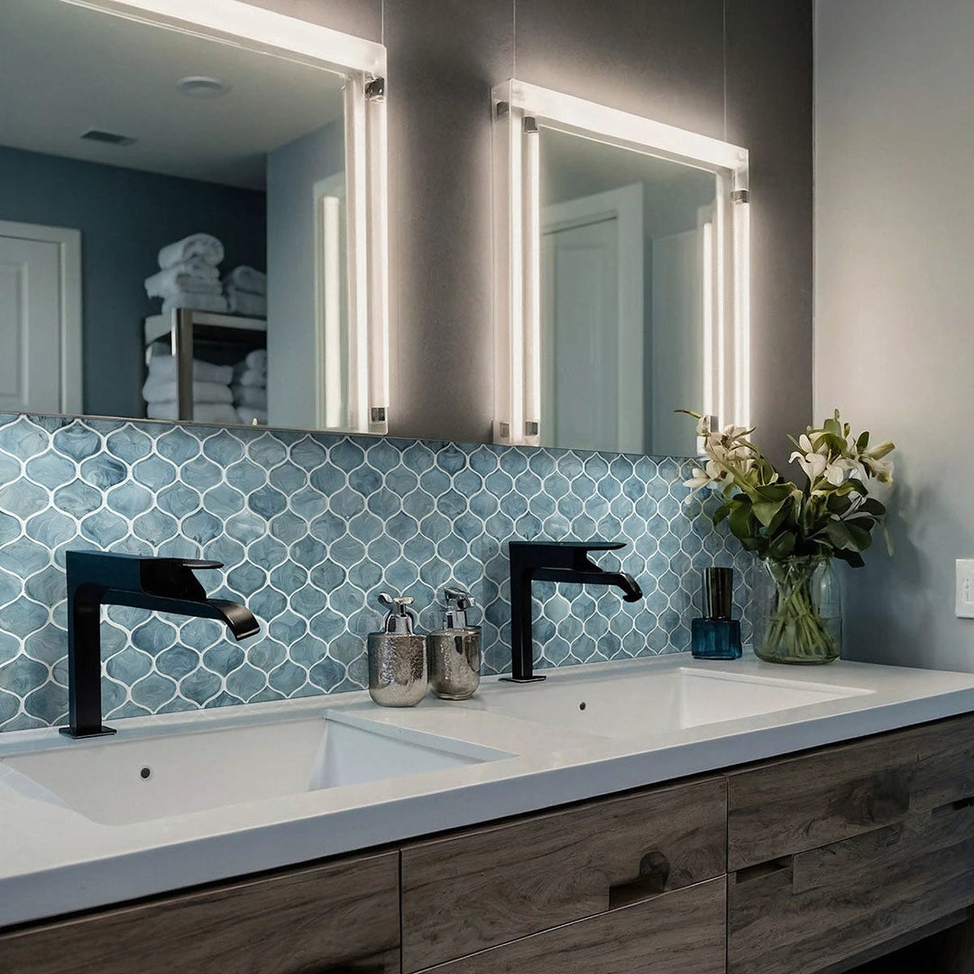 Blue Storm Arabesque Glass Mosaic tile; blue pearl-like, glossy wall backsplash
