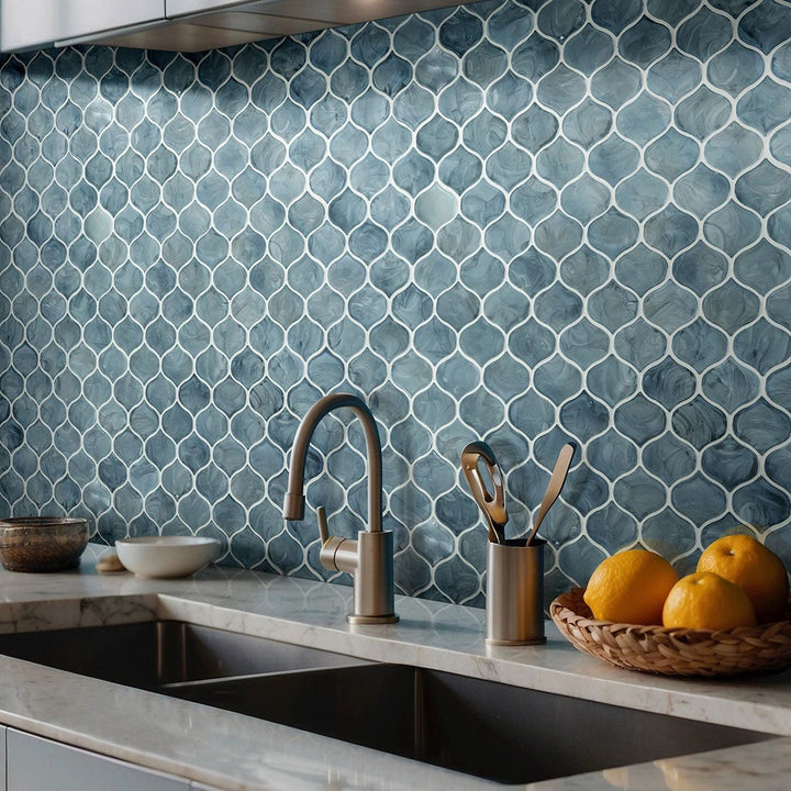 Blue Storm Arabesque Glass Mosaic tile by Tilehouz, glossy pearl-blue wall tile