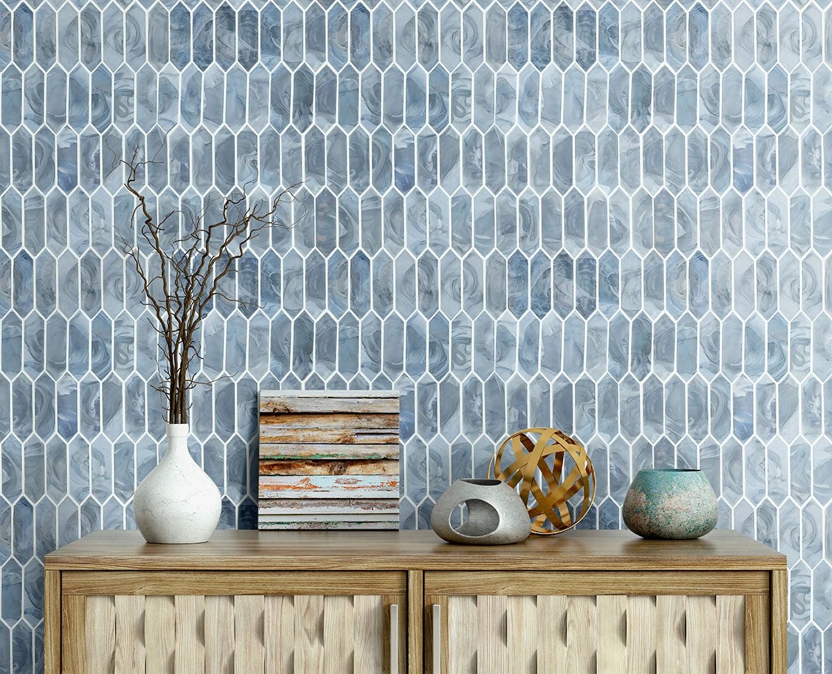 Blue Storm Glass Picket Mosaic wall tile by Tilehouz; blue pearl-like glossy glass.