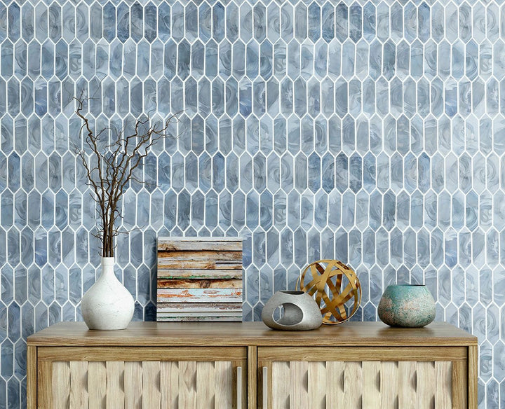 Blue Storm Glass Picket Mosaic wall tile by Tilehouz; blue pearl-like glossy glass.