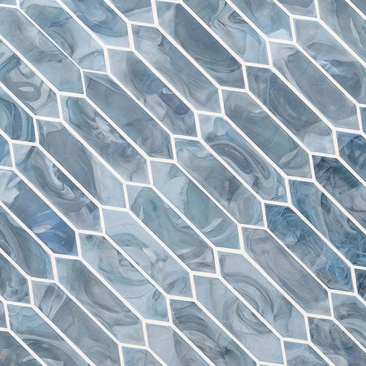Blue Storm Glass Picket Mosaic by Tilehouz blue pearl-like glossy glass wall tile with white grout lines