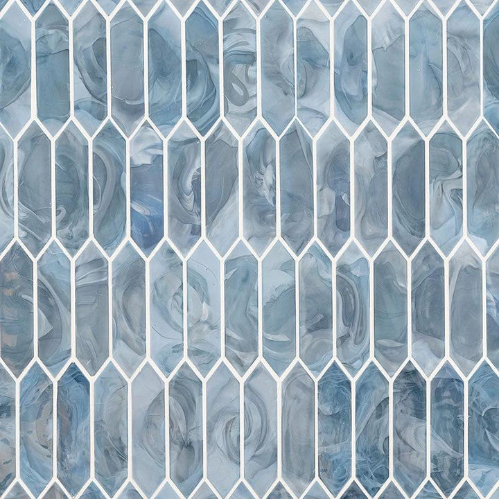 Blue Storm Glass Picket Mosaic tile sheet by Tilehouz; blue marbled glass with white grout.
