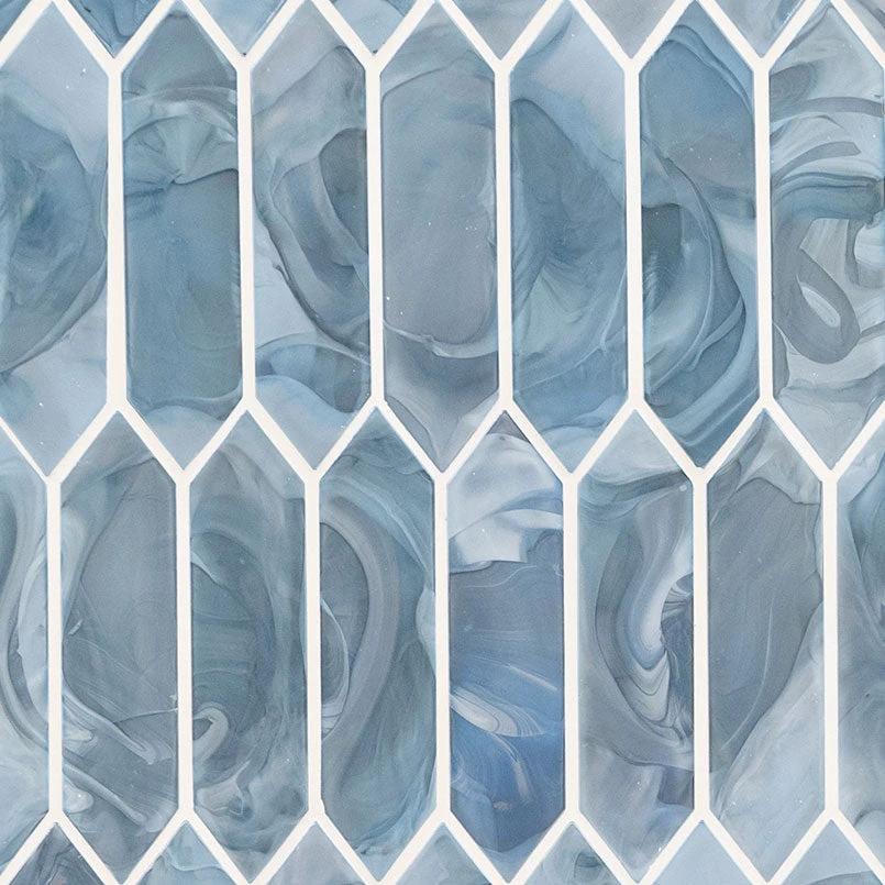 Blue Storm Glass Picket Mosaic tile, blue marbled glass with white grout in a vertical picket pattern.