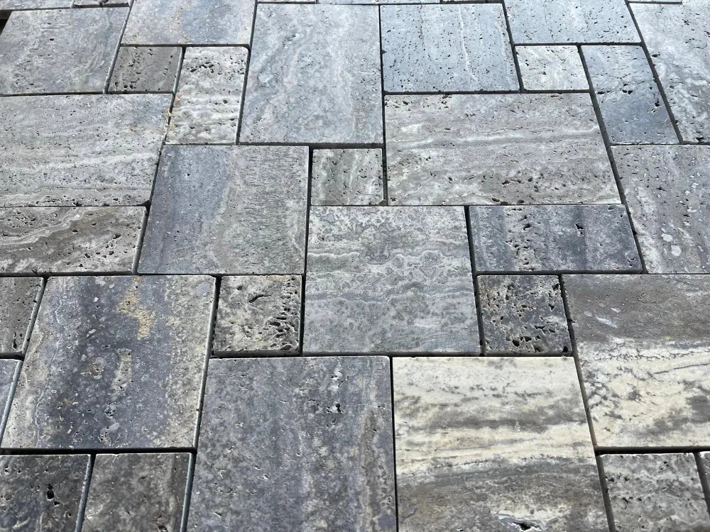 Blue Travertine Opus Mini-Pattern tiles (4 pcs), brushed &amp; semi-polished wall/ceiling tile by Tilehouz.