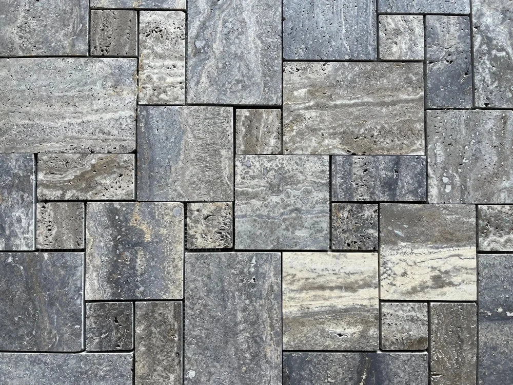 Travertine Opus Mini-Pattern tiles, blue/gray, 4-piece set, brushed and semi-polished finish