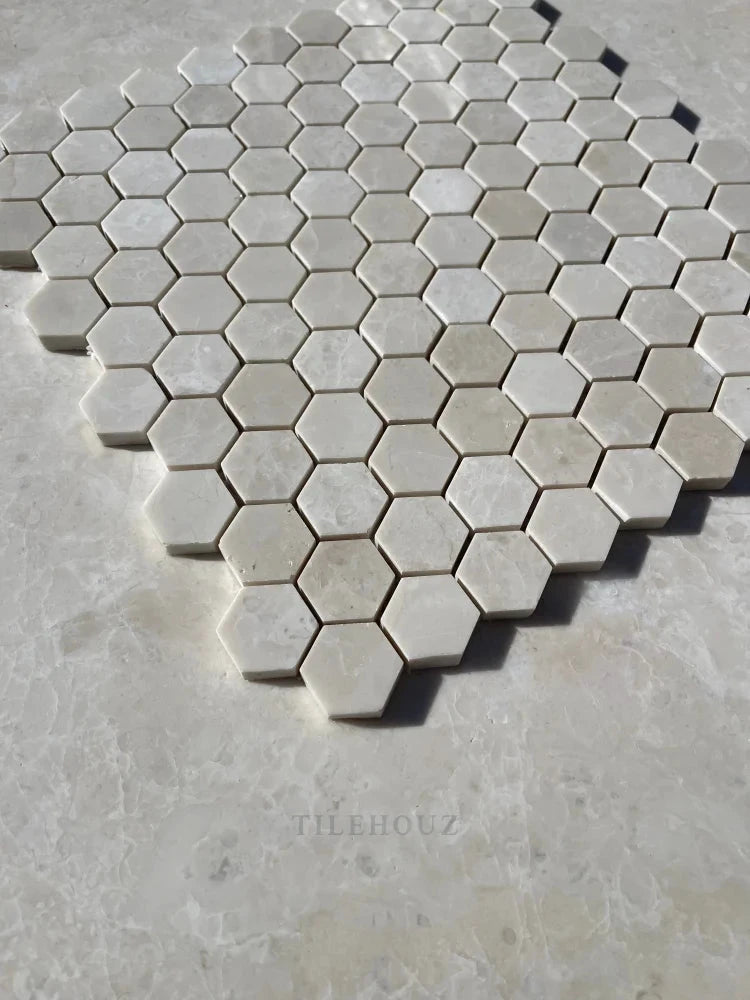 Marble Botticino Beige 1.25in hexagon mosaic polished tile by Tilehouz for wall & ceiling applications