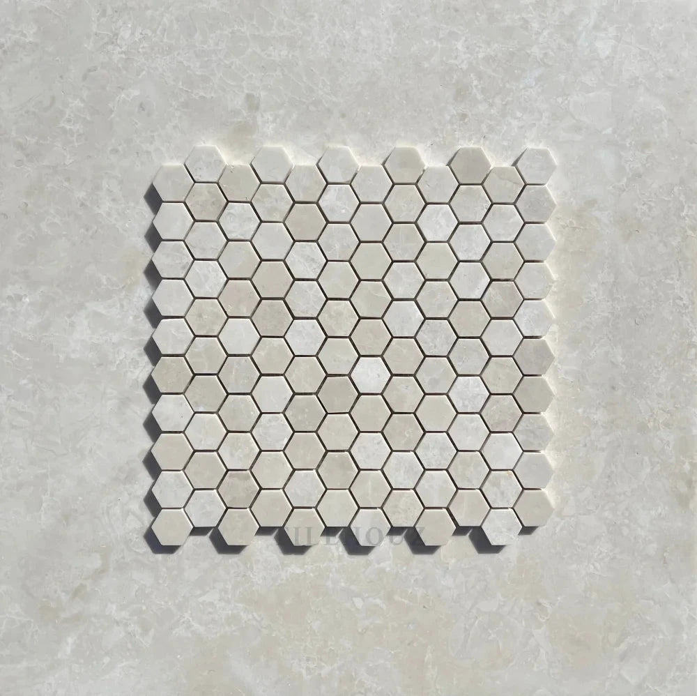 Botticino Beige Marble 1.25 in hexagon mosaic tile, polished Tilehouz