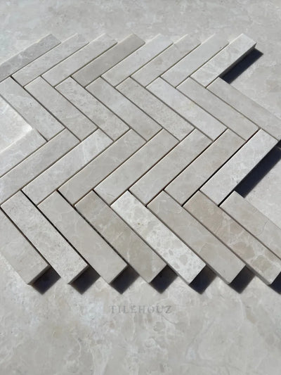 Botticino Beige Marble 1X4 Herringbone Mosaic Polished