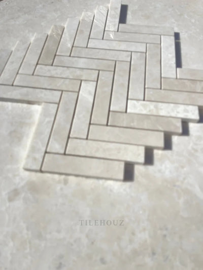 Botticino Beige Marble 1X4 Herringbone Mosaic Polished