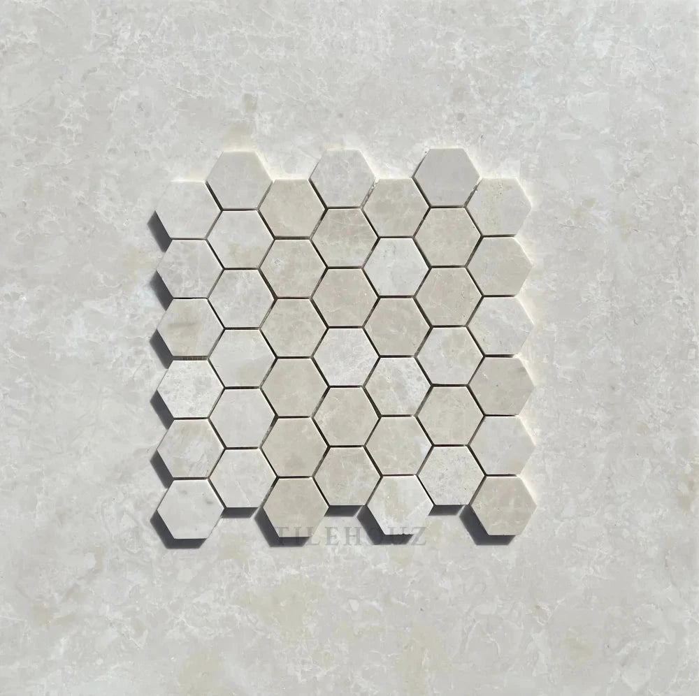 Botticino Beige marble 2in hexagon mosaic sheet, polished wall & ceiling tile by Tilehouz
