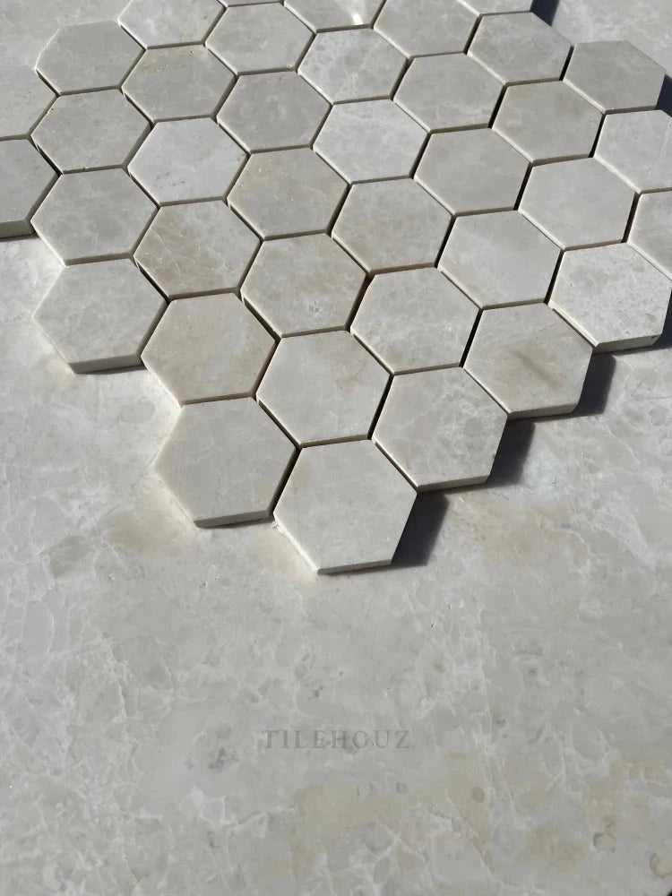 Botticino beige marble 2-inch hexagon mosaic by Tilehouz, polished wall & ceiling tile