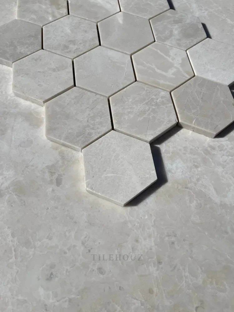 Botticino beige marble 3-inch hexagon mosaic polished tiles by Tilehouz for wall and ceiling use