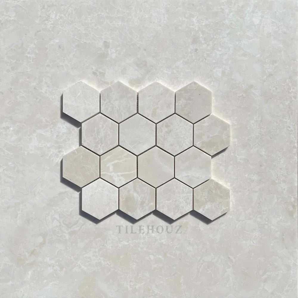 Botticino Beige Marble 3-inch hexagon mosaic tile by Tilehouz, polished wall and ceiling tile