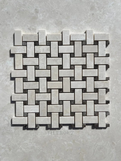 Botticino Beige Marble Basketweave Mosaic W/Emperador Dark Dots Polished