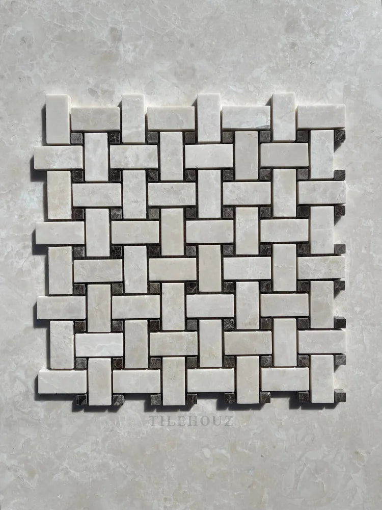 Botticino Beige Marble Basketweave Mosaic W/Emperador Dark Dots Polished