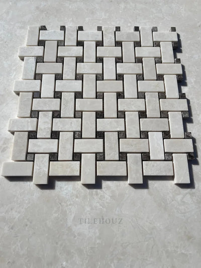 Botticino Beige Marble Basketweave Mosaic W/Emperador Dark Dots Polished