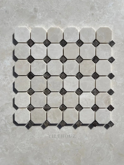 Botticino Beige Marble Octagon Mosaic W/Emperador Dark Dots Polished