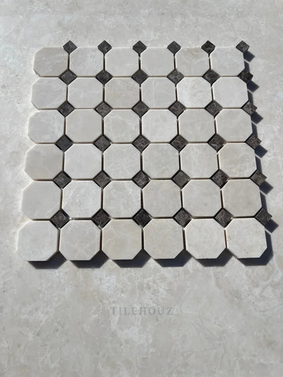 Botticino Beige Marble Octagon Mosaic W/Emperador Dark Dots Polished