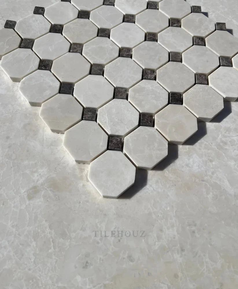 Botticino Beige Marble Octagon Mosaic by Tilehouz with Emperador Dark Dots, polished