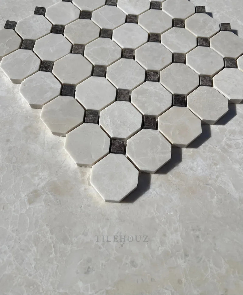 Botticino Beige Marble Octagon Mosaic W/Emperador Dark Dots Polished