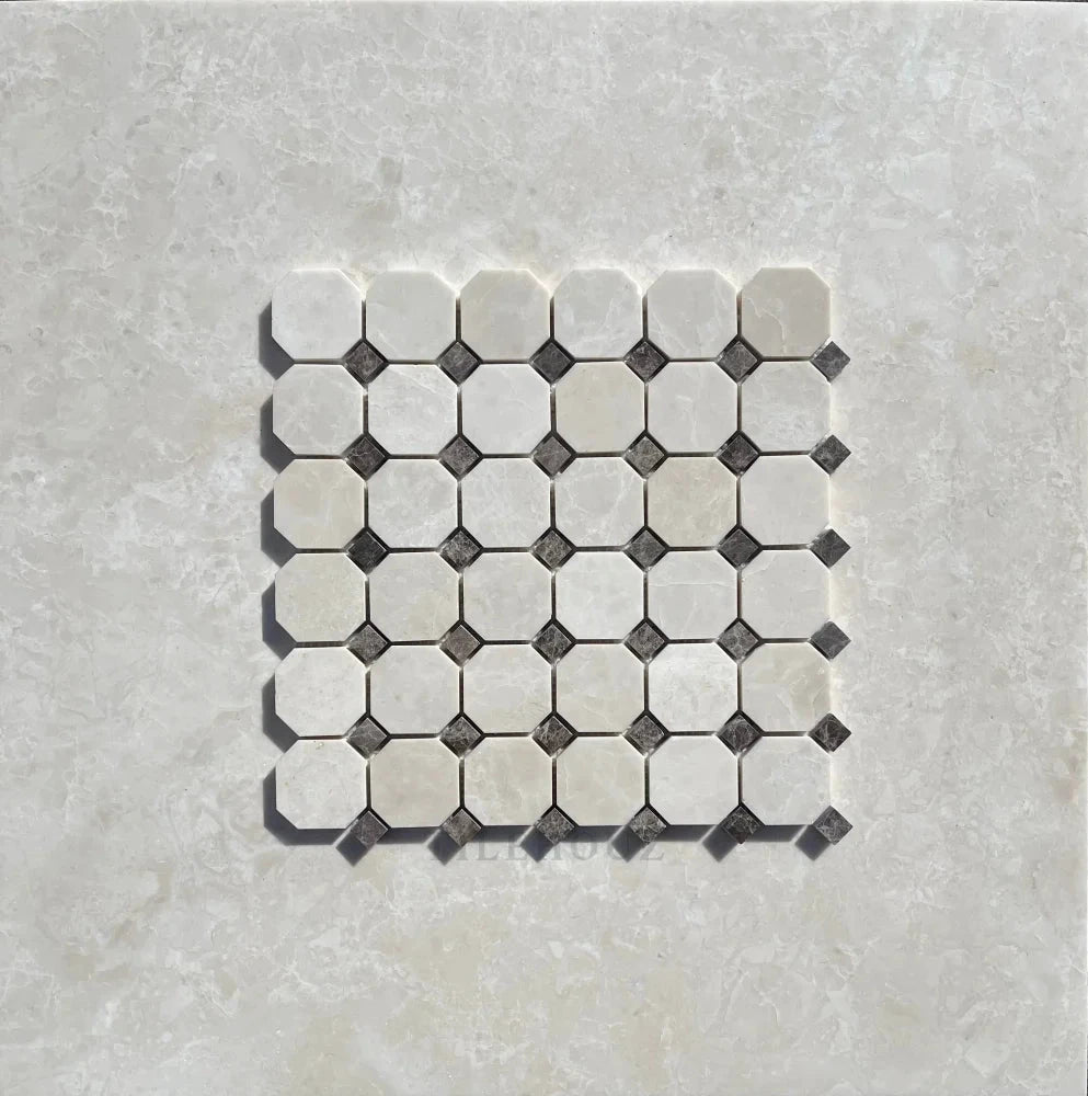 Marble octagon mosaic tile sheet in Botticino beige with Emperador dark dot accents, polished.