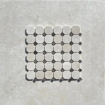 Botticino Beige Marble Octagon Mosaic W/Emperador Dark Dots Polished