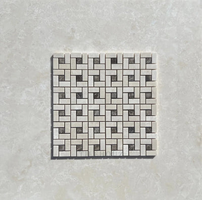 Botticino Beige Marble Pinwheel Mosaic W/Emperador Dark Dots Polished