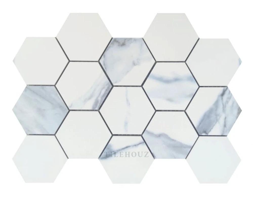 Porcelain hexagon mosaic tile sheet Calacatta Blue matte with blue marble veining by Tilehouz