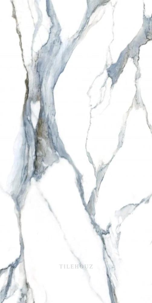 Calacatta Fantasy Acqua polished porcelain tile, white with blue-gray veining, 24x48 Tilehouz.