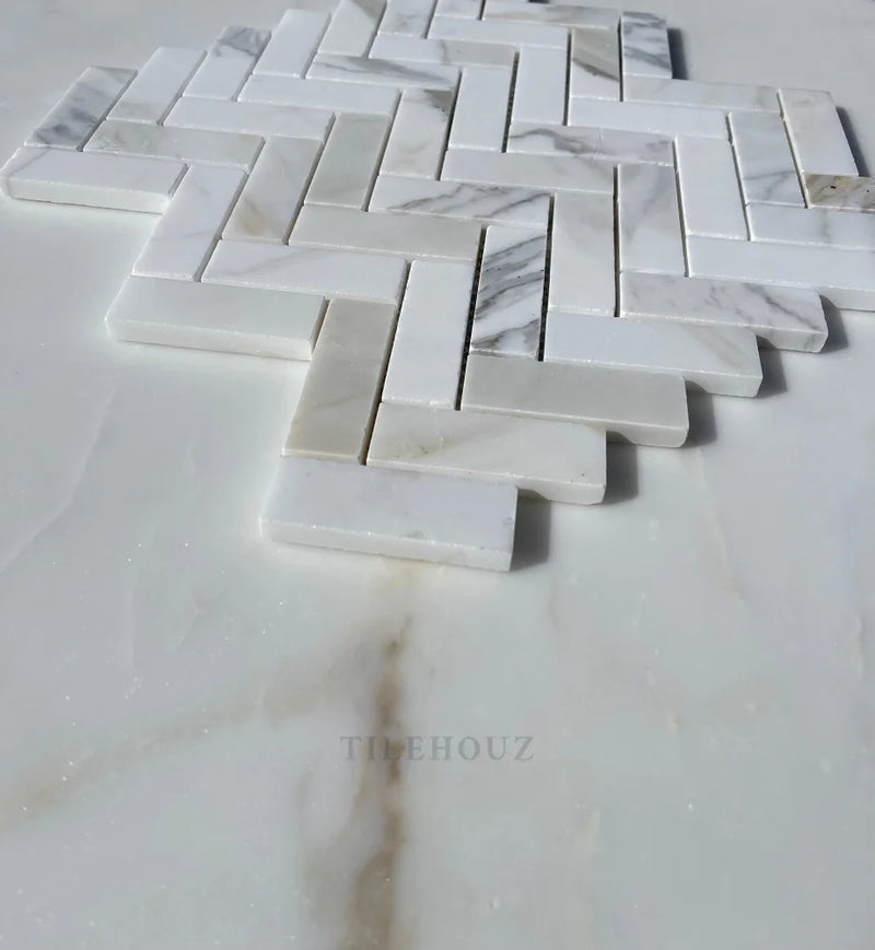 Calacatta Gold Marble 1X3 Herringbone Mosaic Tile Polished&Honed