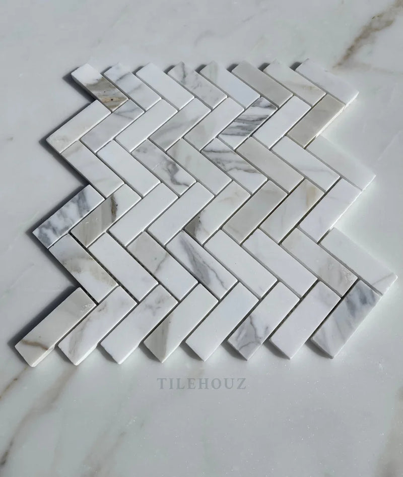 Calacatta Gold Marble 1X3 Herringbone Mosaic Tile Polished&Honed