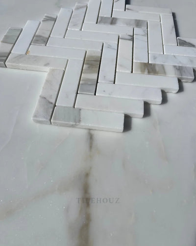 Calacatta Gold Marble 1X4 Herringbone Mosaic Tile Polished&Honed