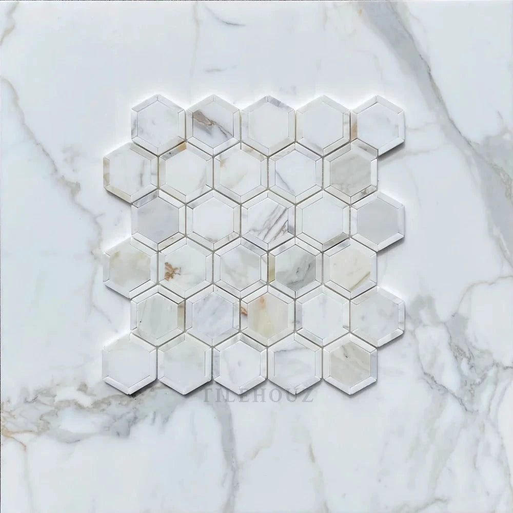 Marble Vortex Hexagon Mosaic by Tilehouz, Calacatta Gold with strips, 25-hex wall tile, polished/honed