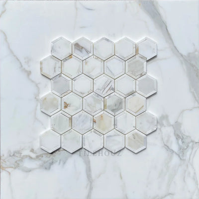 Calacatta Gold Marble Vortex Hexagon Mosaic W/Calacatta Strips Polished/Honed
