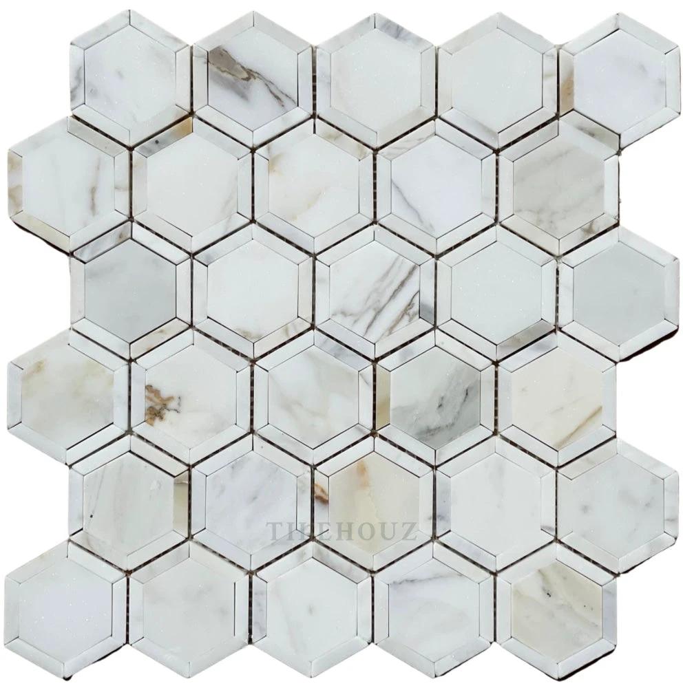 Calacatta Gold marble hexagon mosaic tile by Tilehouz, 2.5x2.5 in, polished/honed wall & ceiling tile.